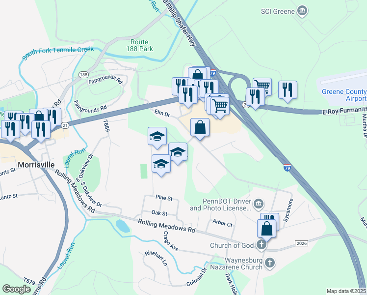 map of restaurants, bars, coffee shops, grocery stores, and more near 60 Zimmerman Drive in Waynesburg