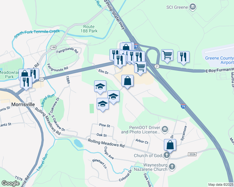 map of restaurants, bars, coffee shops, grocery stores, and more near 60 Zimmerman Drive in Waynesburg
