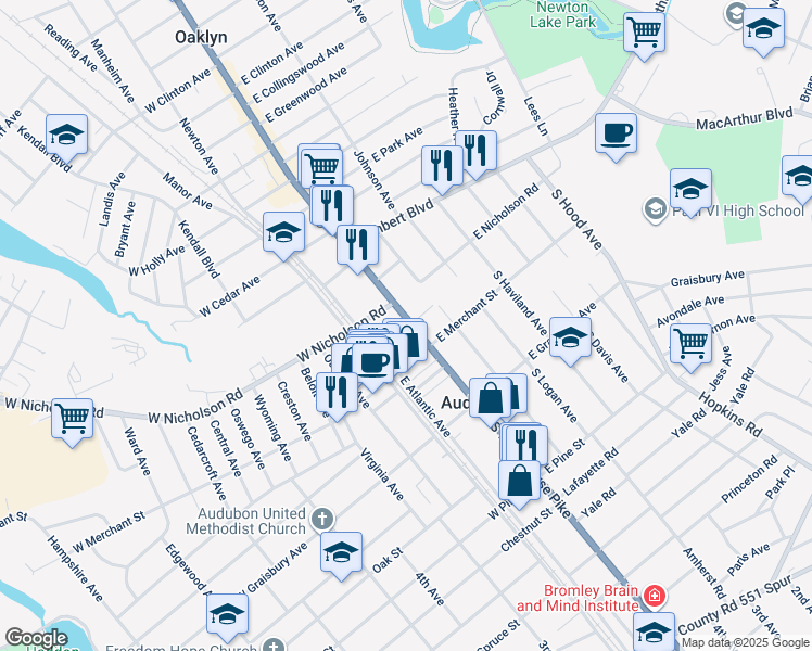map of restaurants, bars, coffee shops, grocery stores, and more near 40 South White Horse Pike in Audubon