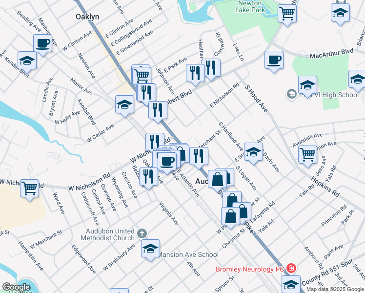 map of restaurants, bars, coffee shops, grocery stores, and more near 28 South White Horse Pike in Audubon