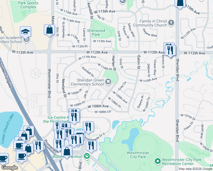 map of restaurants, bars, coffee shops, grocery stores, and more near 10951 Harlan Street in Westminster