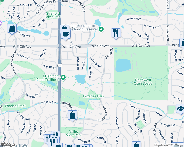 map of restaurants, bars, coffee shops, grocery stores, and more near 10920 North Bryant Street in Westminster