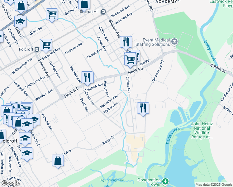 map of restaurants, bars, coffee shops, grocery stores, and more near 1432 Forrester Avenue in Sharon Hill
