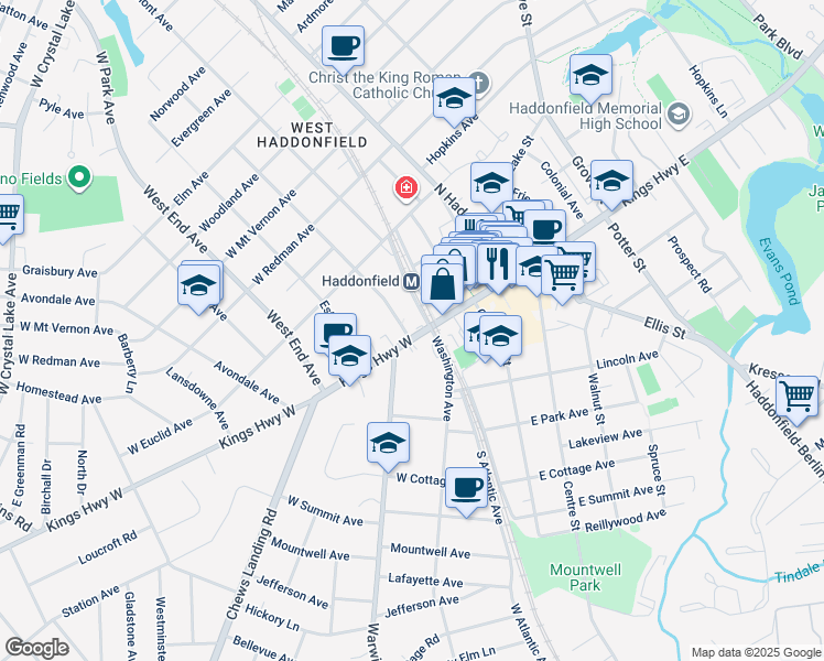 map of restaurants, bars, coffee shops, grocery stores, and more near 43 Kings Highway West in Haddonfield