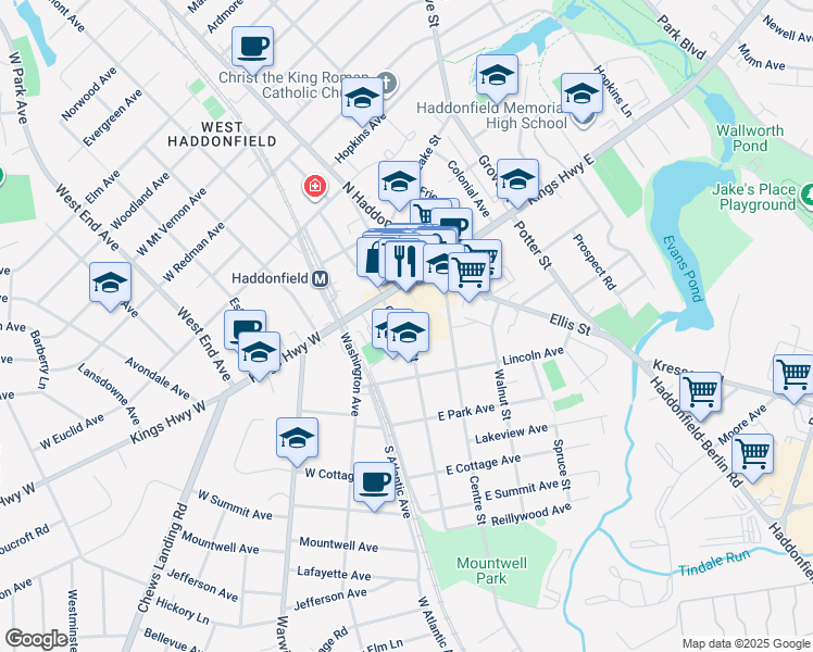 map of restaurants, bars, coffee shops, grocery stores, and more near 43 Chestnut Street in Haddonfield