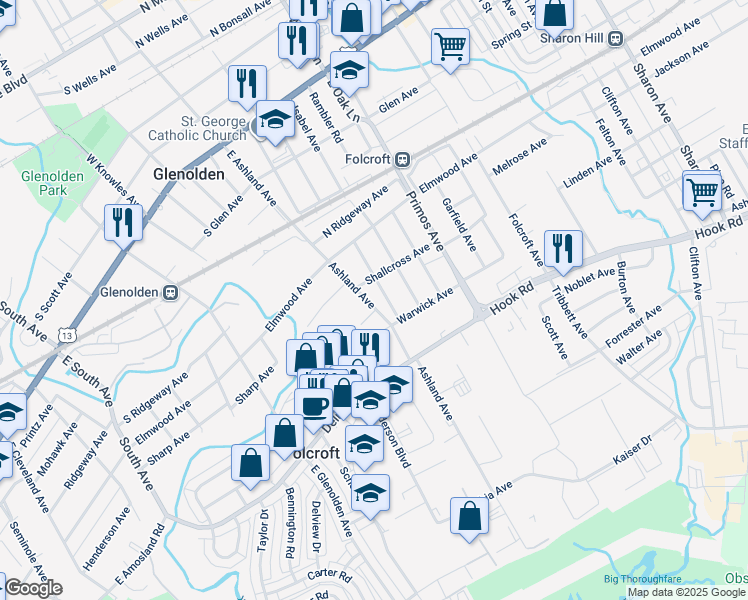 map of restaurants, bars, coffee shops, grocery stores, and more near 527B Ashland Avenue in Folcroft