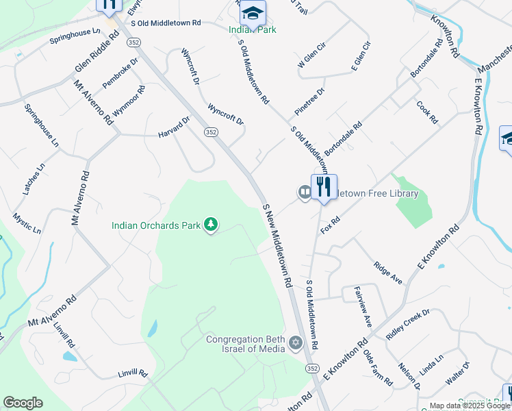 map of restaurants, bars, coffee shops, grocery stores, and more near 410 South New Middletown Road in Media