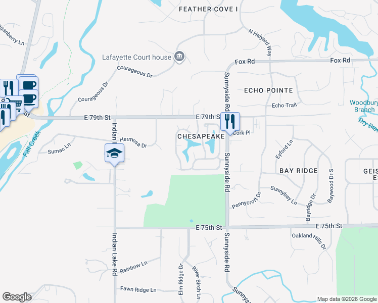 map of restaurants, bars, coffee shops, grocery stores, and more near 7739 Chesapeake Drive South in Indianapolis