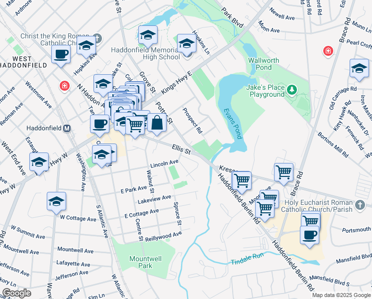 map of restaurants, bars, coffee shops, grocery stores, and more near 217 Ellis Street in Haddonfield