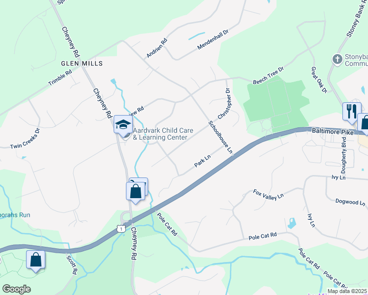 map of restaurants, bars, coffee shops, grocery stores, and more near 44 Hemlock Drive in Glen Mills