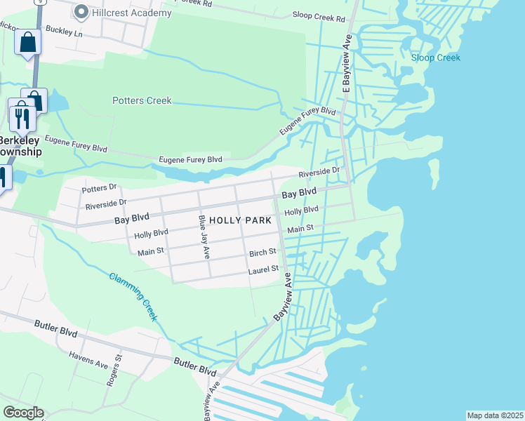map of restaurants, bars, coffee shops, grocery stores, and more near 608 Holly Boulevard in Ocean County