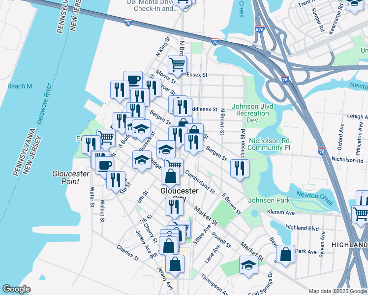 map of restaurants, bars, coffee shops, grocery stores, and more near 22 South Broadway in Gloucester City