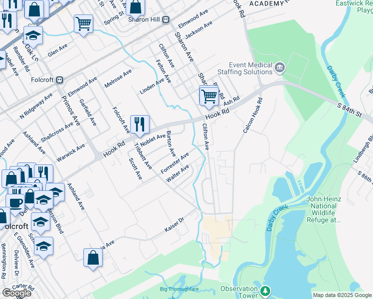 map of restaurants, bars, coffee shops, grocery stores, and more near 1432 Forrester Avenue in Sharon Hill