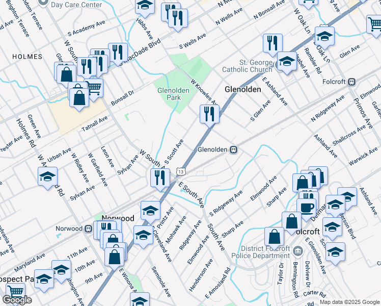 map of restaurants, bars, coffee shops, grocery stores, and more near 420 U.S. 13 in Glenolden