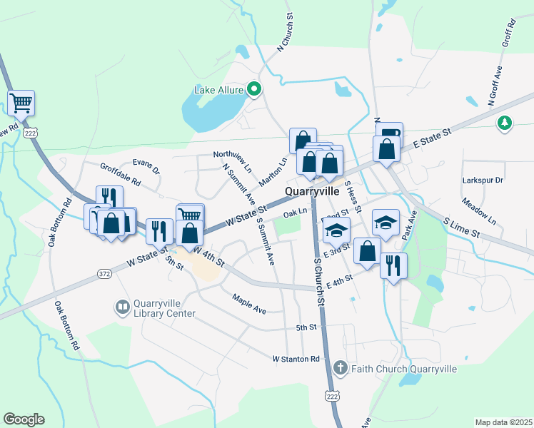 map of restaurants, bars, coffee shops, grocery stores, and more near 100 South Summit Avenue in Quarryville
