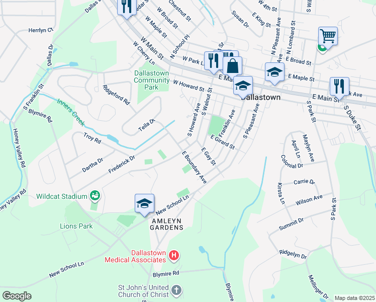 map of restaurants, bars, coffee shops, grocery stores, and more near 363 South Walnut Street in Dallastown
