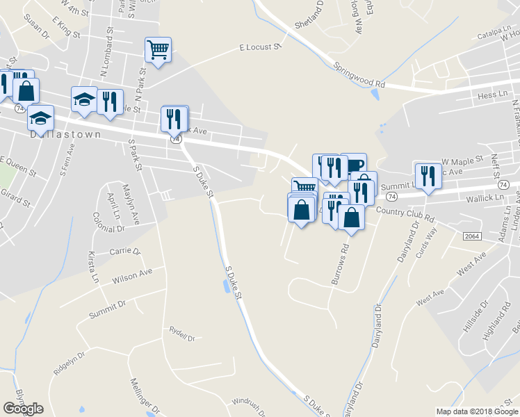 map of restaurants, bars, coffee shops, grocery stores, and more near 699 Green Meadows Drive in Dallastown