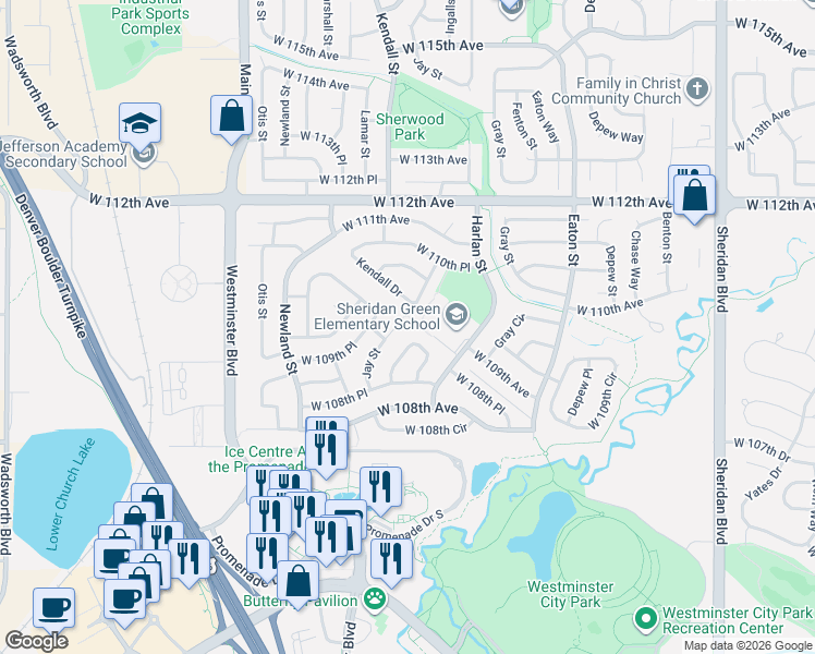 map of restaurants, bars, coffee shops, grocery stores, and more near 10952 Jay Street in Westminster