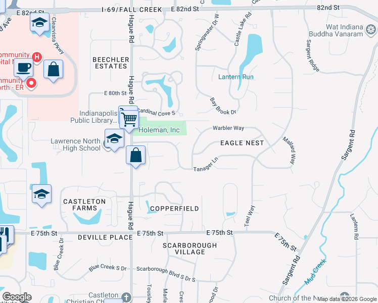 map of restaurants, bars, coffee shops, grocery stores, and more near 7728 Warbler Way in Indianapolis