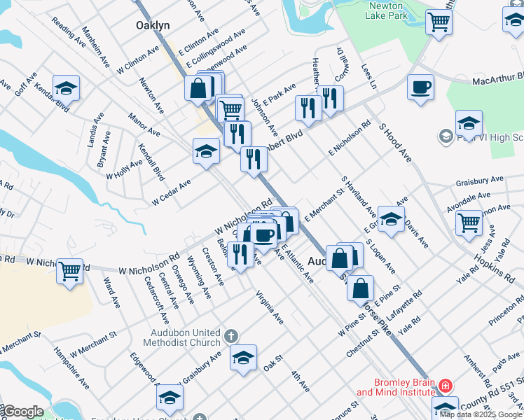 map of restaurants, bars, coffee shops, grocery stores, and more near 3 East Atlantic Avenue in Audubon