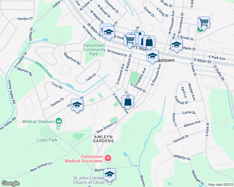 map of restaurants, bars, coffee shops, grocery stores, and more near 363 South Walnut Street in Dallastown
