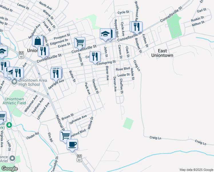 map of restaurants, bars, coffee shops, grocery stores, and more near 92 Devan Avenue in Uniontown