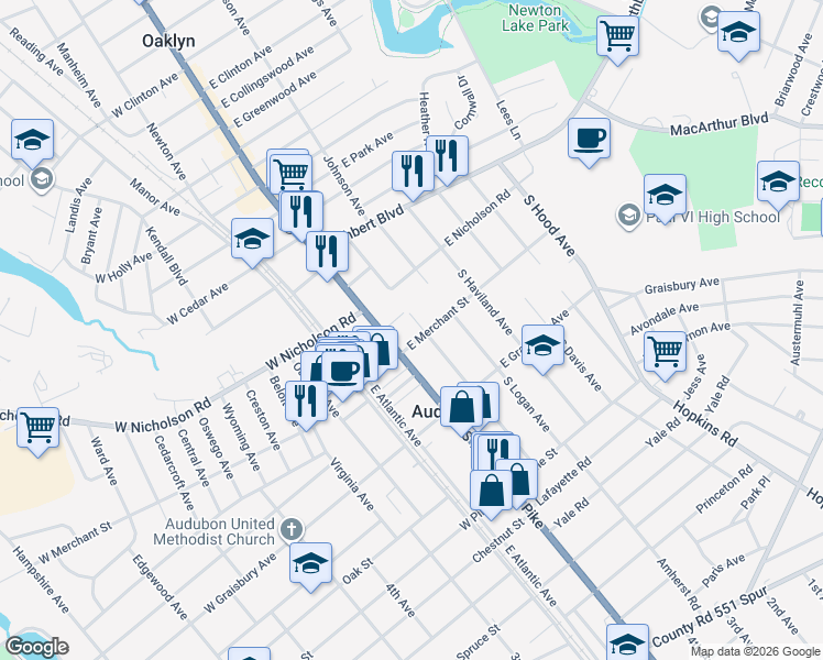 map of restaurants, bars, coffee shops, grocery stores, and more near 20 East Merchant Street in Audubon