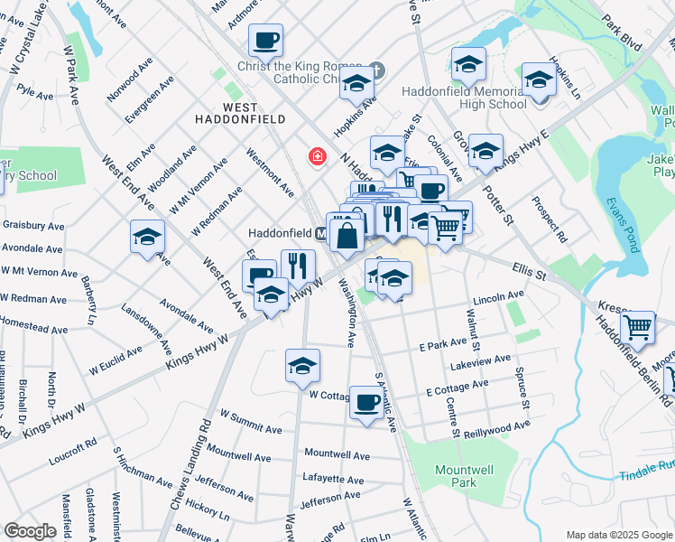 map of restaurants, bars, coffee shops, grocery stores, and more near Kings Highway West & Washington Avenue in Haddonfield