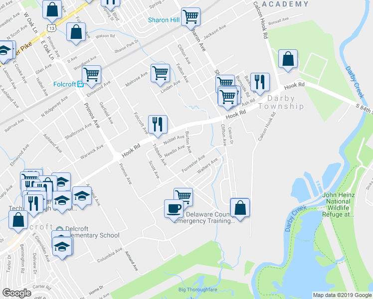 map of restaurants, bars, coffee shops, grocery stores, and more near 1204 Burton Avenue in Sharon Hill