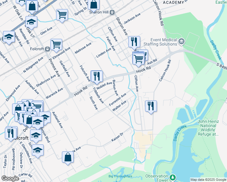map of restaurants, bars, coffee shops, grocery stores, and more near 1206 Burton Avenue in Sharon Hill