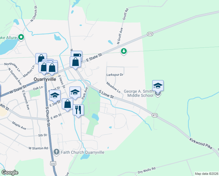 map of restaurants, bars, coffee shops, grocery stores, and more near 171 South Lime Street in Quarryville