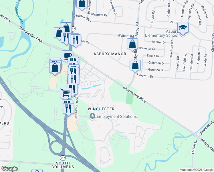 map of restaurants, bars, coffee shops, grocery stores, and more near 3890 Crestfield Drive in Groveport