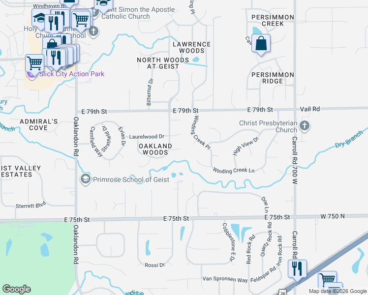 map of restaurants, bars, coffee shops, grocery stores, and more near 12219 Fireberry Court in Indianapolis