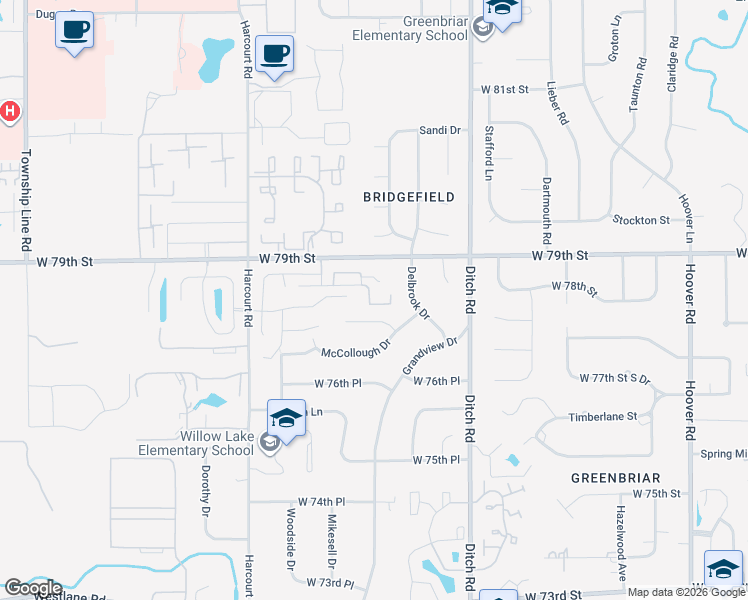 map of restaurants, bars, coffee shops, grocery stores, and more near 1616 McCollough Court in Indianapolis