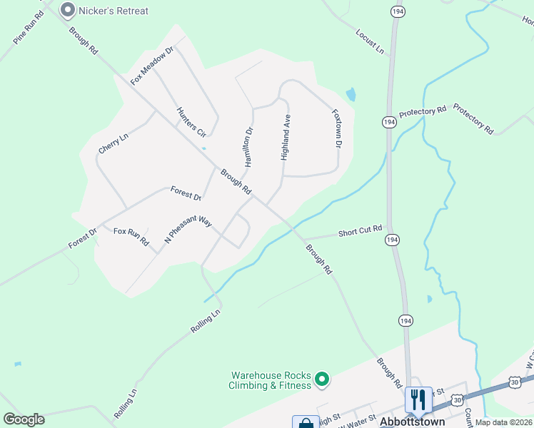 map of restaurants, bars, coffee shops, grocery stores, and more near 600 Brough Road in Abbottstown
