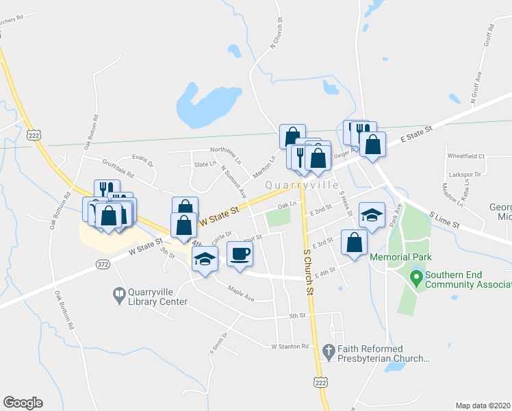 map of restaurants, bars, coffee shops, grocery stores, and more near 115 West State Street in Quarryville