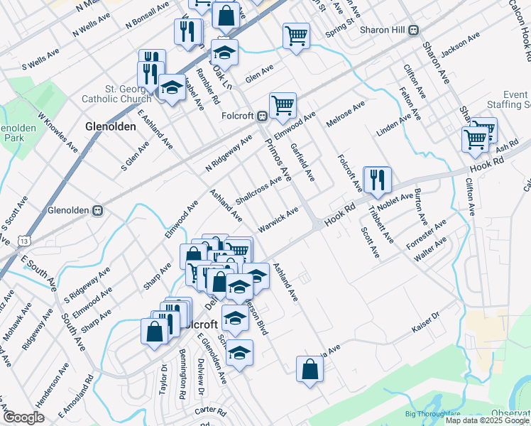 map of restaurants, bars, coffee shops, grocery stores, and more near 530 Charmont Avenue in Folcroft