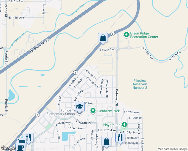 map of restaurants, bars, coffee shops, grocery stores, and more near 13249 East 110th Avenue in Commerce City