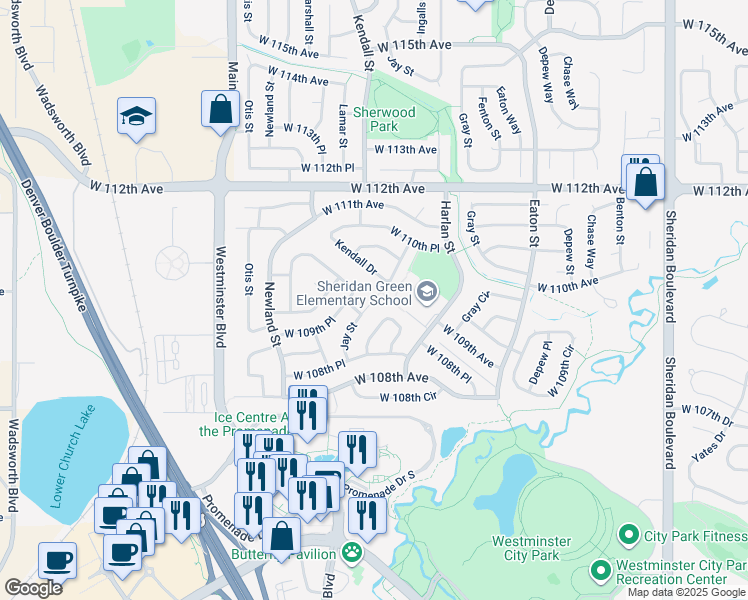 map of restaurants, bars, coffee shops, grocery stores, and more near 10952 Jay Street in Westminster