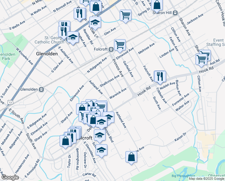 map of restaurants, bars, coffee shops, grocery stores, and more near 530 Charmont Avenue in Folcroft