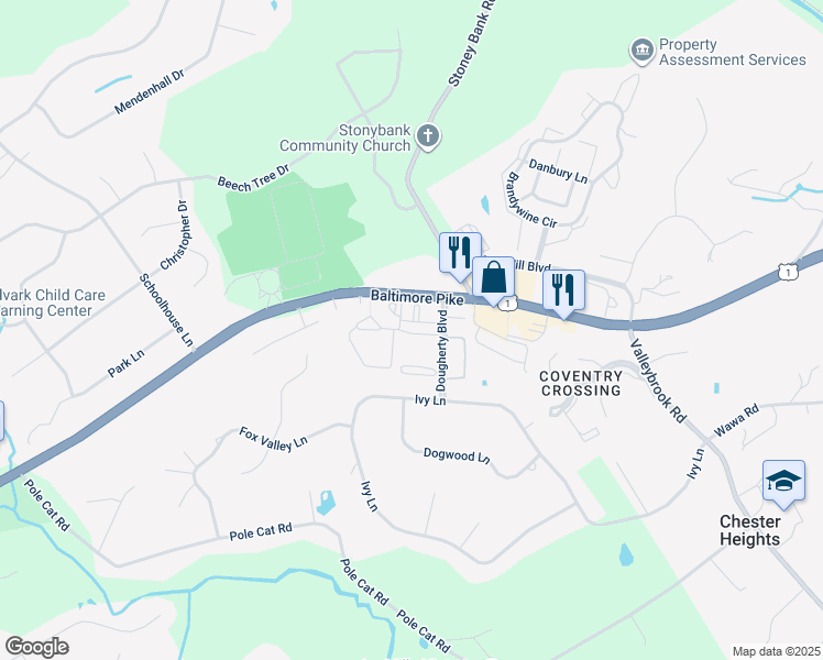 map of restaurants, bars, coffee shops, grocery stores, and more near 20 Dougherty Boulevard in Glen Mills