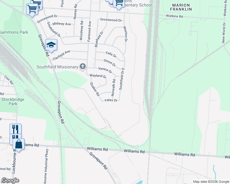 map of restaurants, bars, coffee shops, grocery stores, and more near 3419 Norwalk Road in Columbus