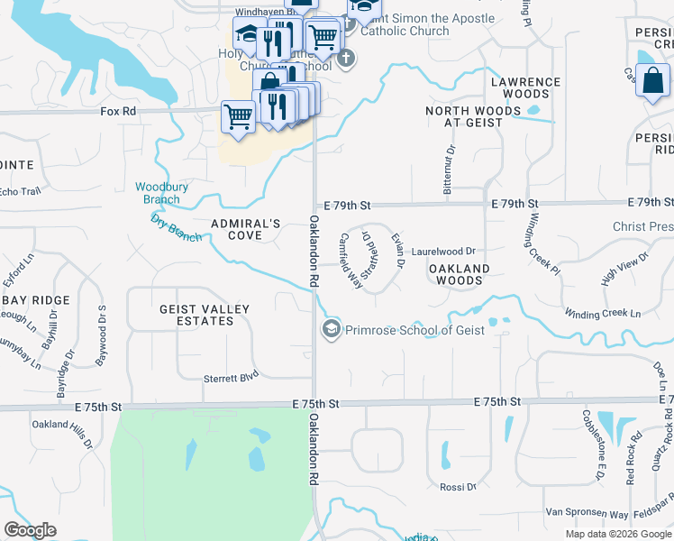 map of restaurants, bars, coffee shops, grocery stores, and more near 7716 Stratfield Drive in Indianapolis