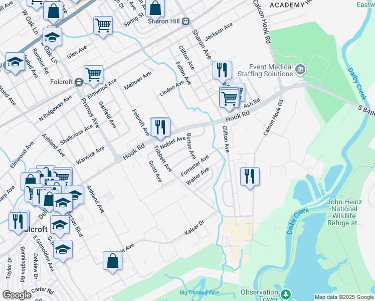map of restaurants, bars, coffee shops, grocery stores, and more near 1204 Burton Avenue in Sharon Hill
