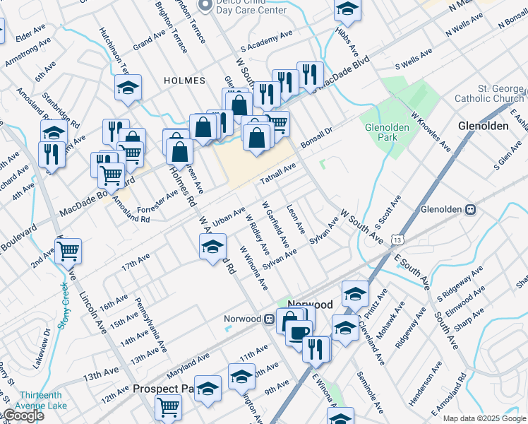 map of restaurants, bars, coffee shops, grocery stores, and more near 307 Trites Avenue in Norwood