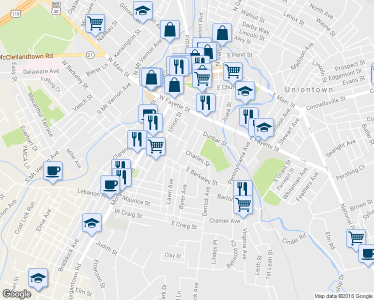 map of restaurants, bars, coffee shops, grocery stores, and more near 173 Beeson Avenue in Uniontown