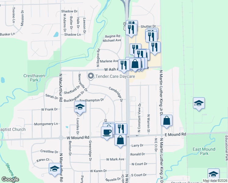 map of restaurants, bars, coffee shops, grocery stores, and more near 4016 Newcastle Drive in Decatur