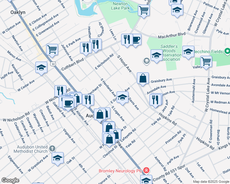 map of restaurants, bars, coffee shops, grocery stores, and more near 141 South Haviland Avenue in Audubon