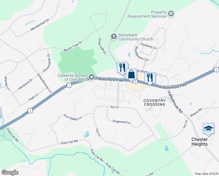 map of restaurants, bars, coffee shops, grocery stores, and more near 36 Eagle Lane in Delaware County