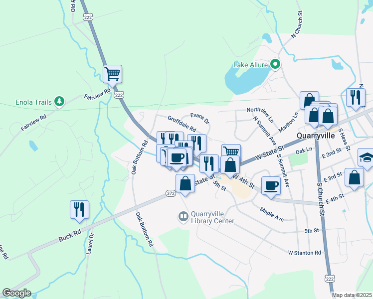 map of restaurants, bars, coffee shops, grocery stores, and more near 442 West 4th Street in Quarryville